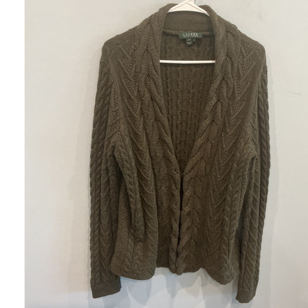 Vtg Lauren Ralph Lauren Womens Cotton Cable Knit Cardigan Sweater L Hunter Green